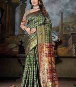 Green Banarasi Cotton Silk Saree with maroon Woven Pallu and Traditional Zari Design