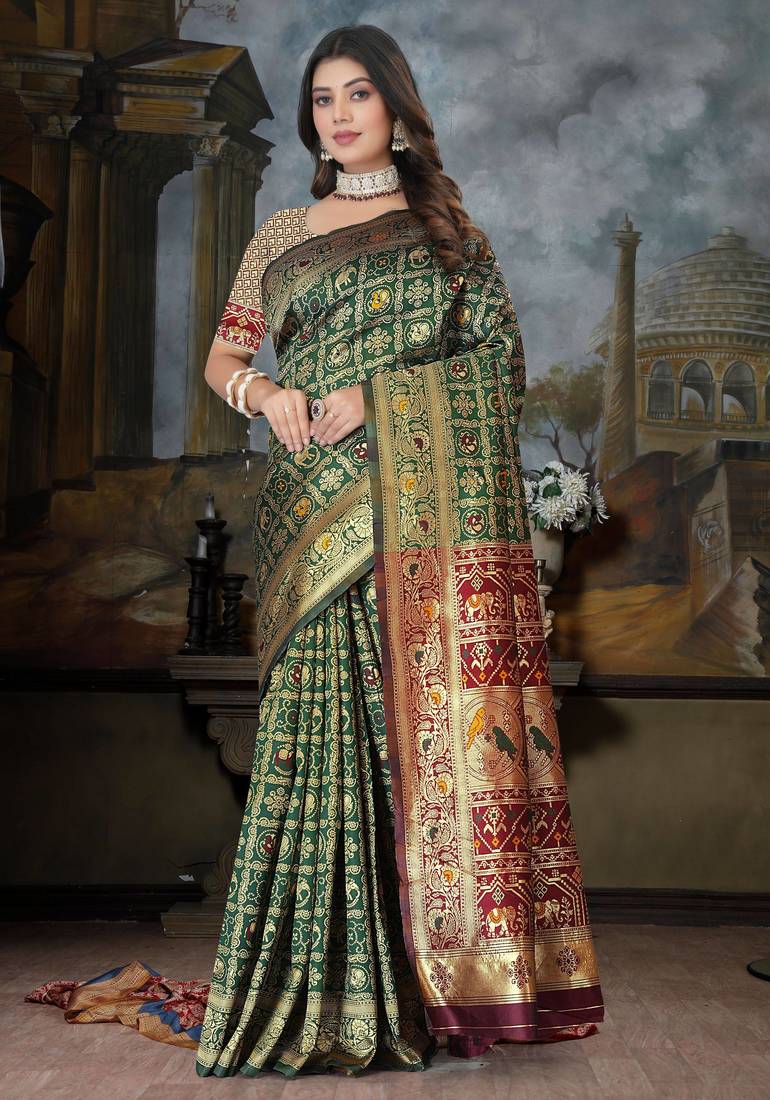 Green Banarasi Cotton Silk Saree with maroon Woven Pallu and Traditional Zari Design