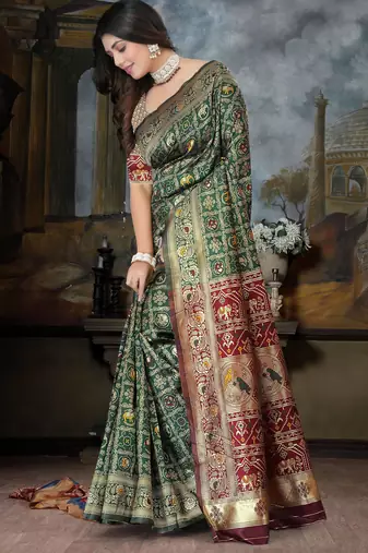 Green Banarasi Cotton Silk Saree with maroon Woven Pallu and Traditional Zari Design
