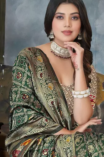 Green Banarasi Cotton Silk Saree with maroon Woven Pallu and Traditional Zari Design