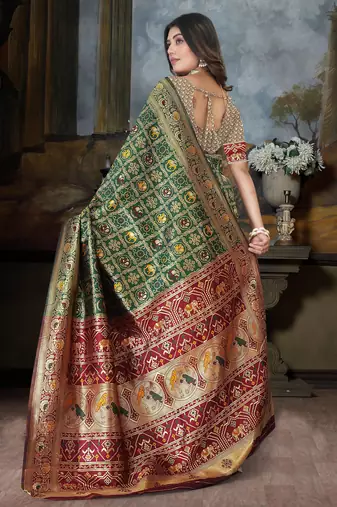 Green Banarasi Cotton Silk Saree with maroon Woven Pallu and Traditional Zari Design