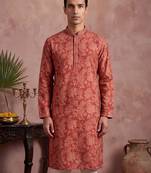 Mens red silk blend floral printed kurta