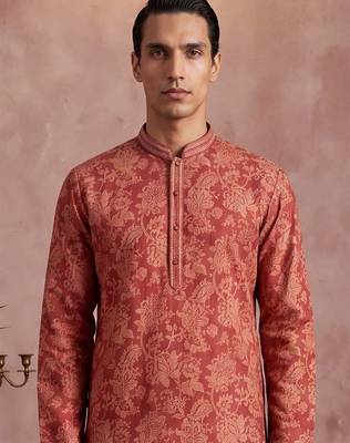 Mens red silk blend floral printed kurta 2