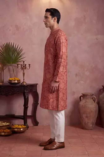 Mens red silk blend floral printed kurta