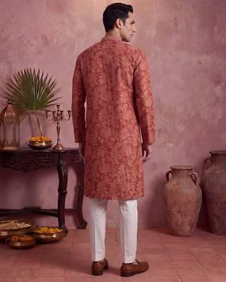 Mens red silk blend floral printed kurta 4