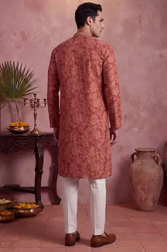Mens red silk blend floral printed kurta