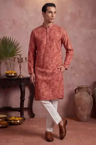 Mens red silk blend floral printed kurta