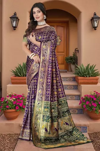 Purple Banarasi Cotton Silk Saree with Green Woven Pallu and Traditional Zari Design