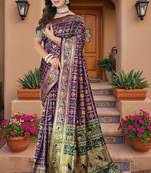 Purple Banarasi Cotton Silk Saree with Green Woven Pallu and Traditional Zari Design