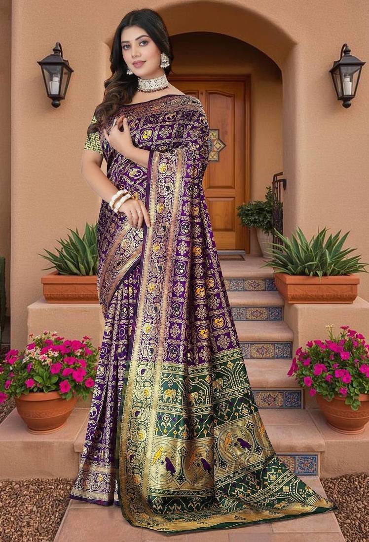 Purple Banarasi Cotton Silk Saree with Green Woven Pallu and Traditional Zari Design
