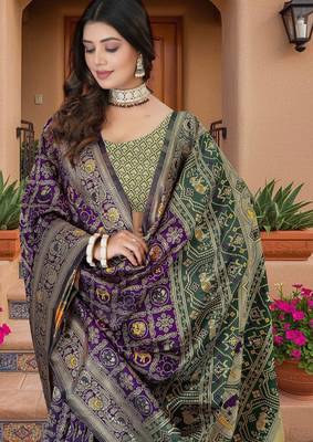 Purple Banarasi Cotton Silk Saree with Green Woven Pallu and Traditional Zari Design 2