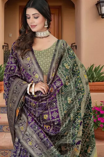 Purple Banarasi Cotton Silk Saree with Green Woven Pallu and Traditional Zari Design