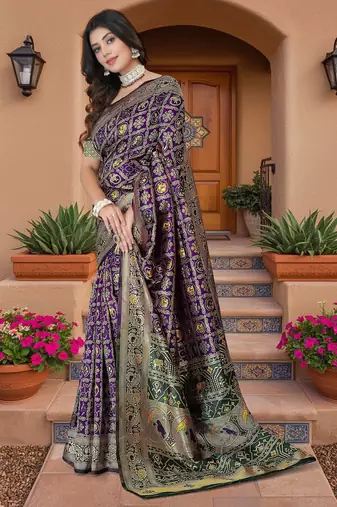 Purple Banarasi Cotton Silk Saree with Green Woven Pallu and Traditional Zari Design