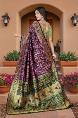 Purple Banarasi Cotton Silk Saree with Green Woven Pallu and Traditional Zari Design 4