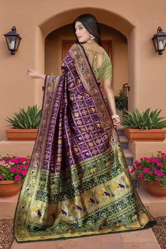 Purple Banarasi Cotton Silk Saree with Green Woven Pallu and Traditional Zari Design