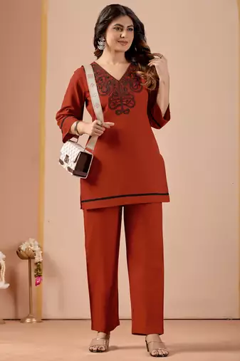 Women's rust-orange embroidered v-neck kurti pant set