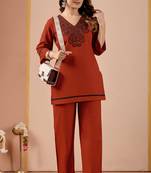 Women's rust-orange embroidered v-neck kurti pant set