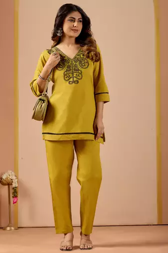 Women's mustard embroidered v-neck kurti pant set