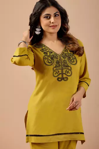 Women's mustard embroidered v-neck kurti pant set