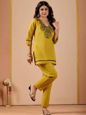 Women's mustard embroidered v-neck kurti pant set 3