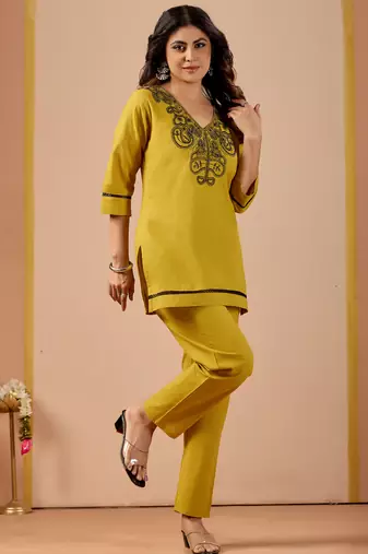 Women's mustard embroidered v-neck kurti pant set