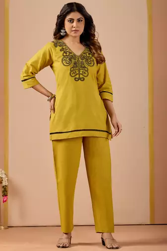 Women's mustard embroidered v-neck kurti pant set