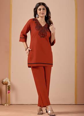 Women's rust-orange embroidered v-neck kurti pant set 3