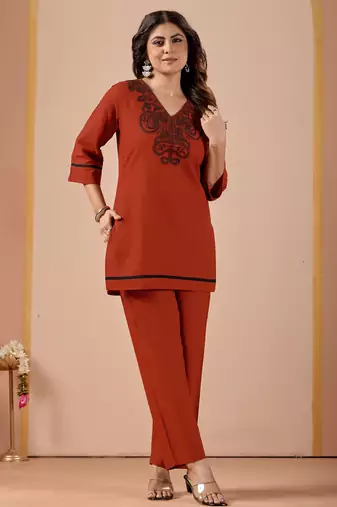 Women's rust-orange embroidered v-neck kurti pant set