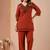 Women's rust-orange embroidered v-neck kurti pant set