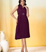 Purple plain crepe gathered fit & flared midi dress for women