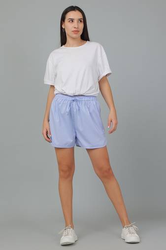 Blue printed cotton casual shorts for women