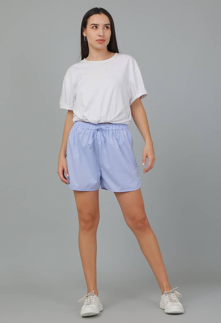 Blue printed cotton casual shorts for women