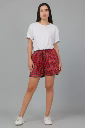 Red printed cotton casual shorts for women