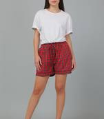 Red printed cotton casual shorts for women
