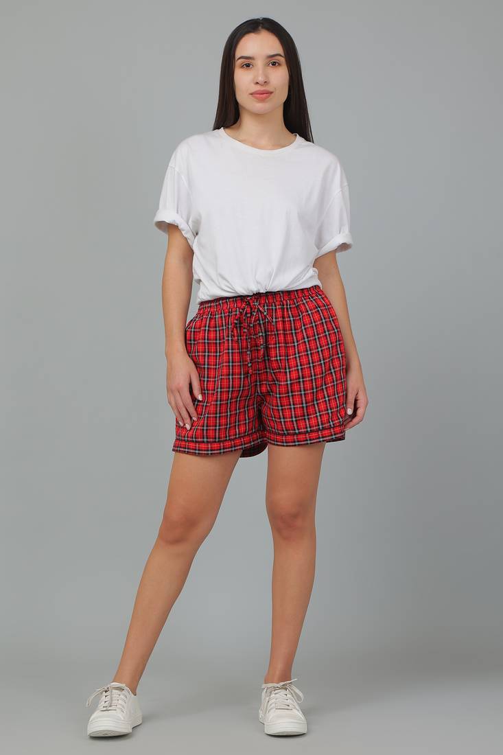 Red printed cotton casual shorts for women