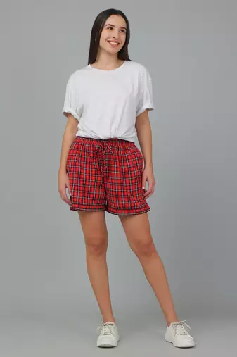 Red printed cotton casual shorts for women- Free size 