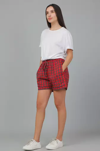 Red printed cotton casual shorts for women- Free size 