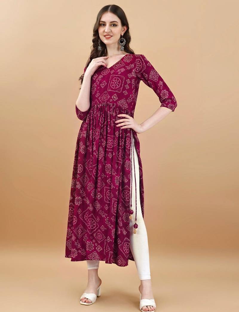 Wine bandhani print mirror work rayon a-line kurta