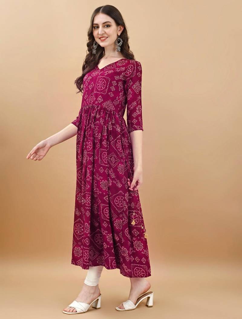 Wine bandhani print mirror work rayon a-line kurta