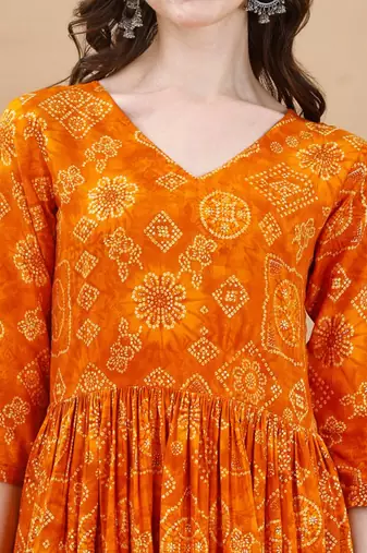Orange bandhani print mirror work rayon a-line kurta