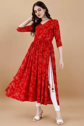 Red bandhani print mirror work rayon a-line kurta