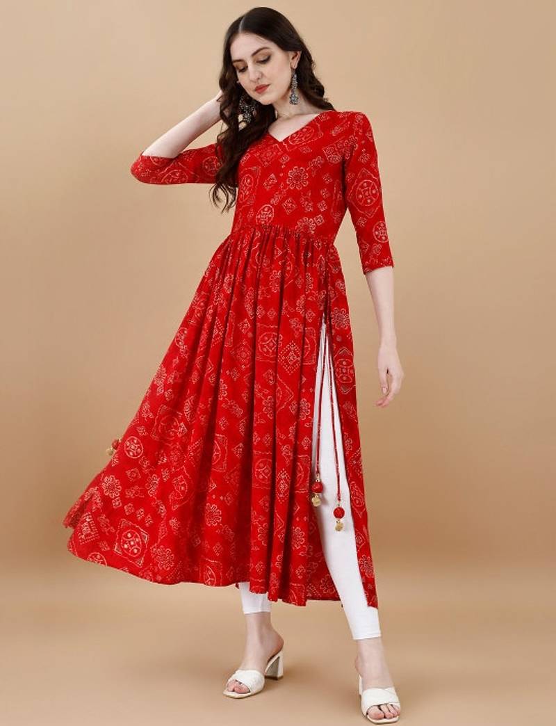 Red bandhani print mirror work rayon a-line kurta