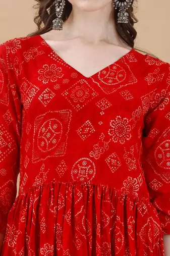 Red bandhani print mirror work rayon a-line kurta