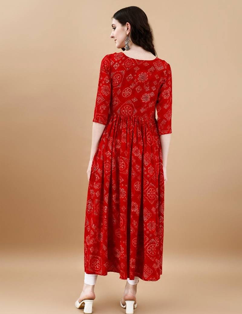 Red bandhani print mirror work rayon a-line kurta