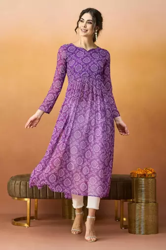 Purple bandhani printed georgette a-line pleated kurta
