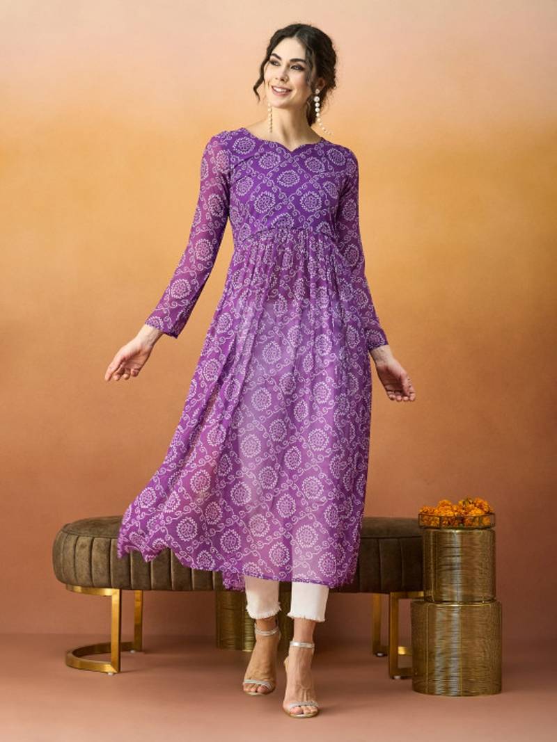 Purple bandhani printed georgette a-line pleated kurta