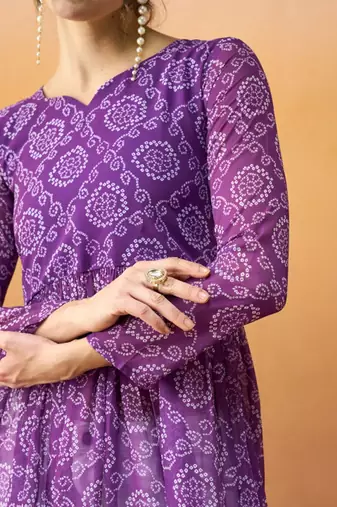 Purple bandhani printed georgette a-line pleated kurta