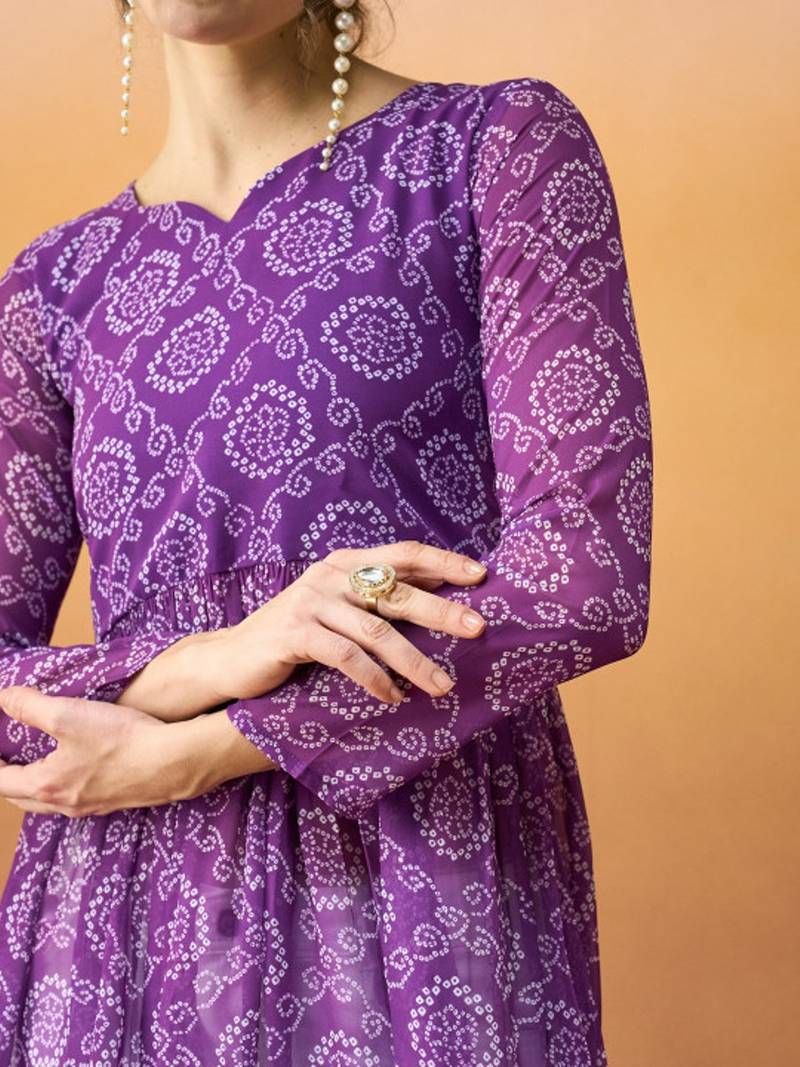 Purple bandhani printed georgette a-line pleated kurta