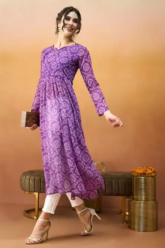 Purple bandhani printed georgette a-line pleated kurta