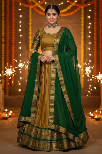 Mustard South Indian Kanci cottan half blend lehenga saree with blouse and dupatta For Women's